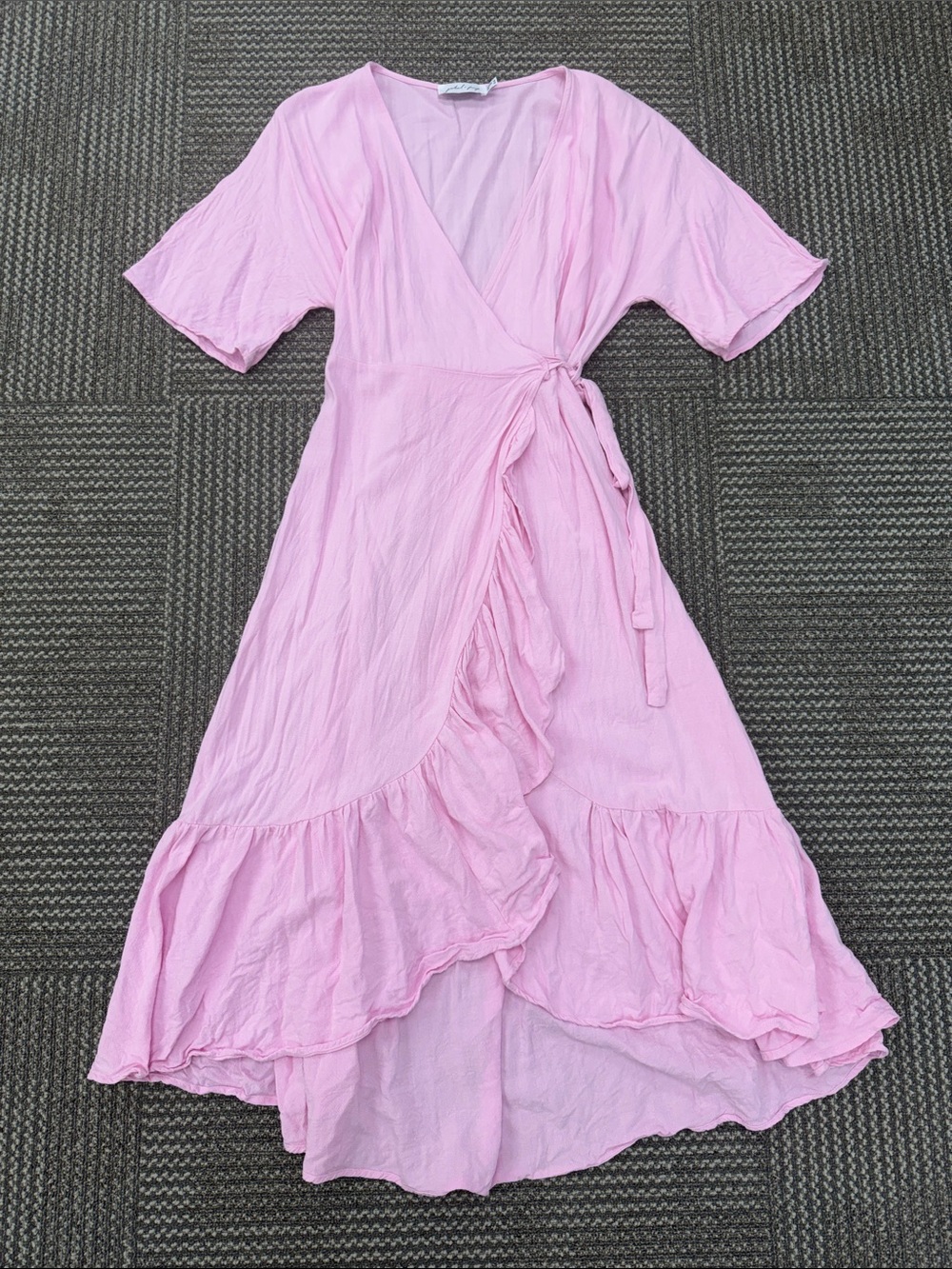 Petal & Pup Pink Linen Blend Ruffle Wrap Midi Dress, size 12